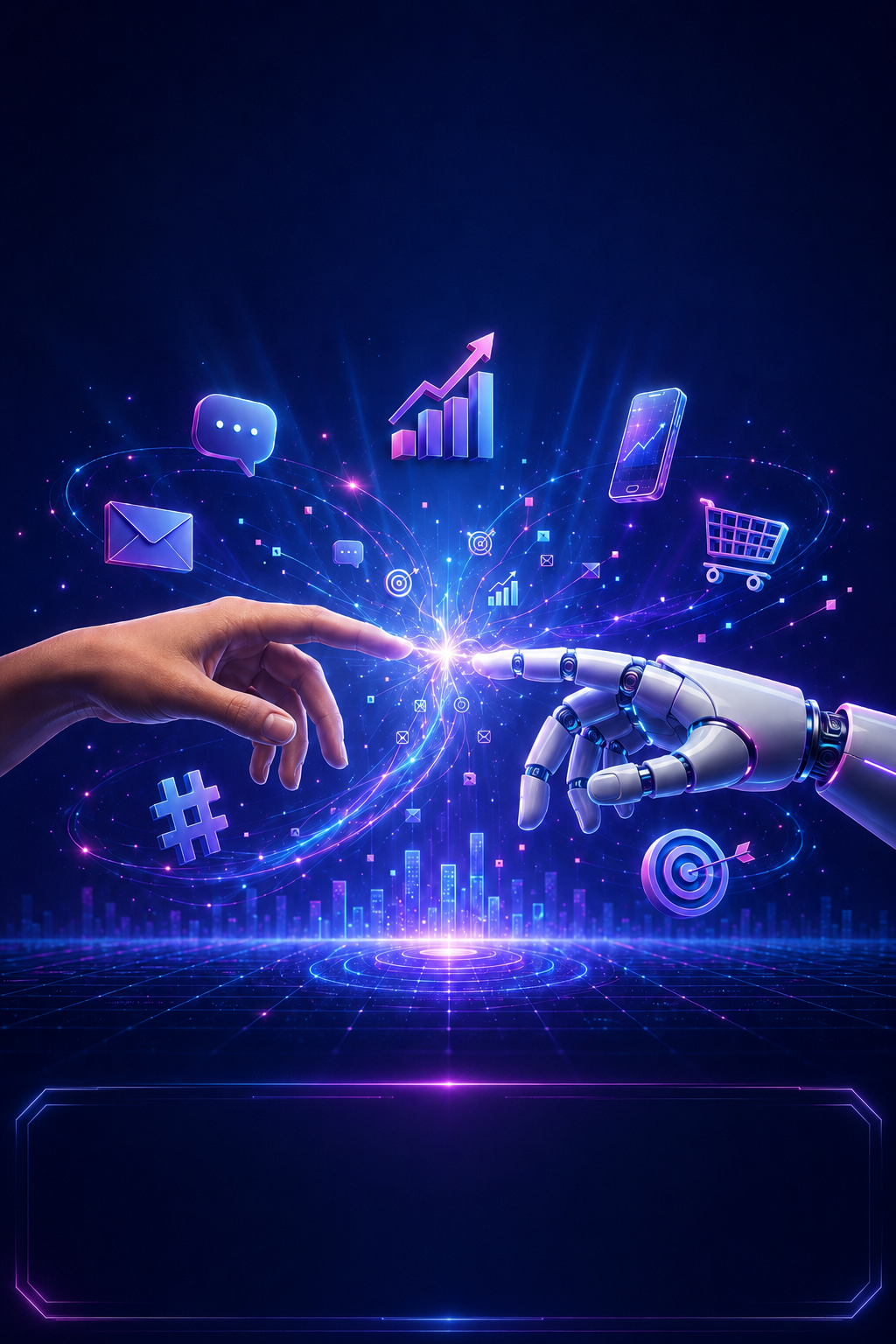 Une main humaine et une main robotisée se rejoignent — symbole de la bascule IA